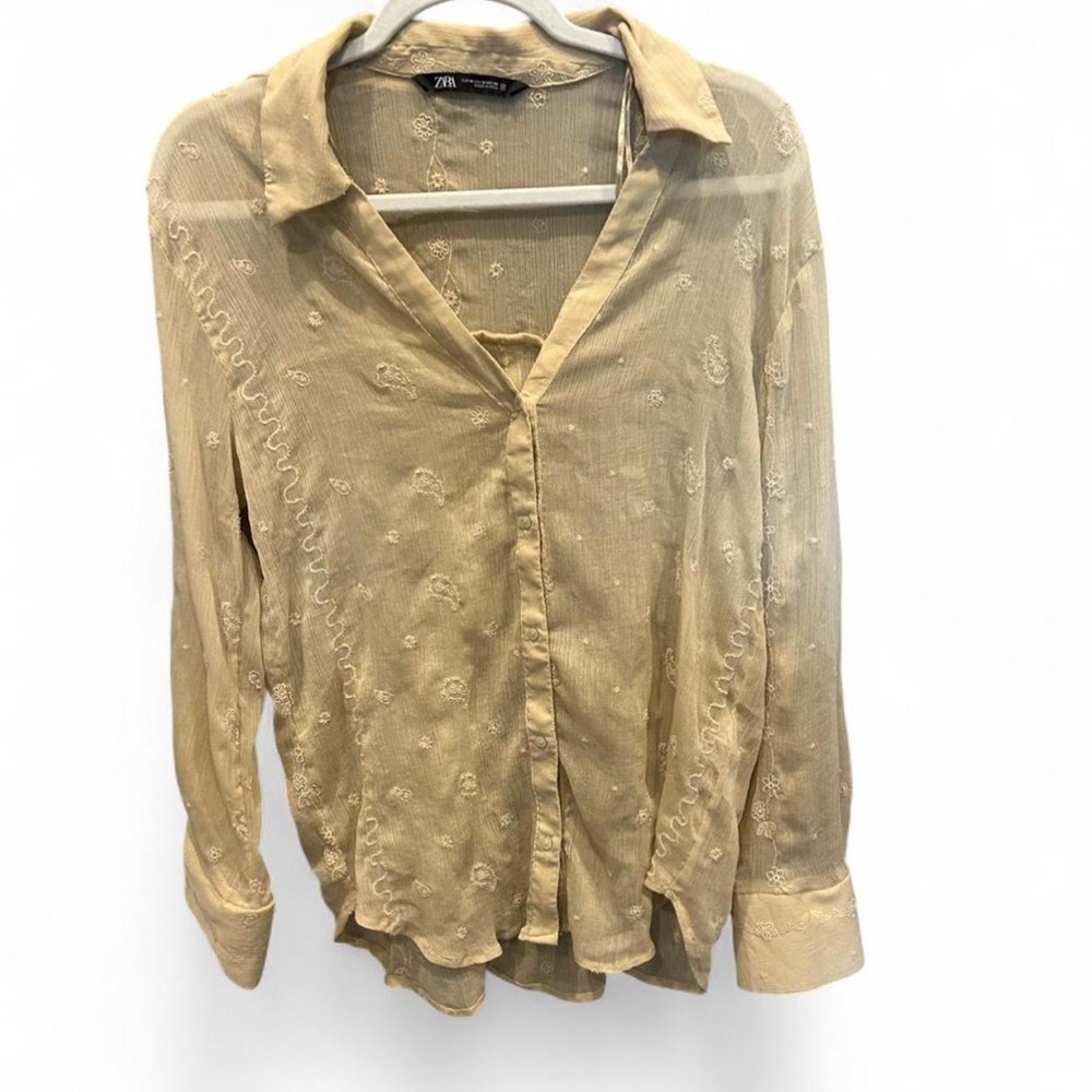 Zara Tan Embroidered Blouse | Medium